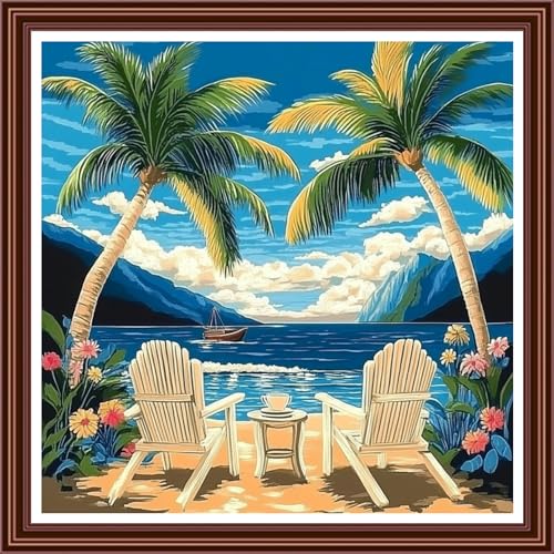 Dimensean Counted Cross Stitch Kit for Beginners, 11CT Unprinted Cross-Stitch Kit Easy Patterns Needlepoint Kit Cross Stitching Embroidery Kit Supplies-Rest Under the Coconut Tree 18x18 inch - color: ColornNEW18