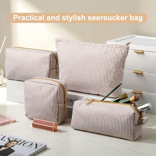 Sanwuta 4 Pcs Seersucker Pouch Striped Makeup Bag Set, Khaki - color: Khaki