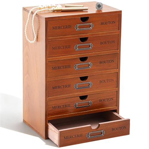 Wesiti Wooden Desk Organizer, 6 Drawers, Vintage Makeup Cabinet, Brown - color: Brown, size: 6 Drawers