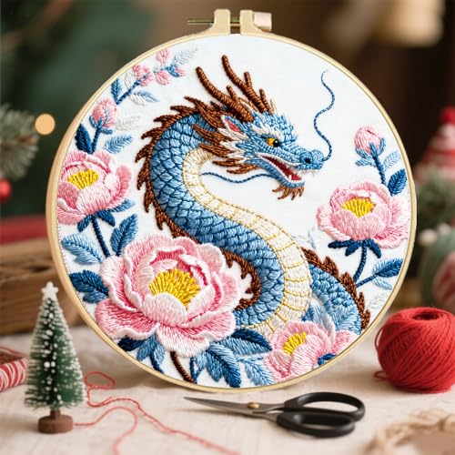 FREEBLOSS 4 Sets Embroidery Kit for Beginners Needlepoint Dragon&Cloud Stamped Embroidery Starter Kit with Instructions, Needles, Threads, 2 Hoops 11.6"/29.5CM - style: Traditional Dragon