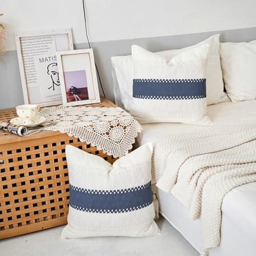 Throw Pillow Covers 1PC for Living Room, Cotton & Burlap, Boho Sytle Decorative Home (Beige & Blue, 16x16 Inch) - color: Beige & Blue, size: 16" x 16" (Pack of 1)