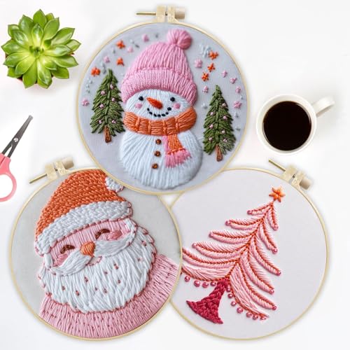LB Pink Christmas Embroidery Kit for Beginners Adults, 3 Sets Hand Embroidery Starter Kit with Santa Pattern and Instructions Stamped Cross Stitch Kits Include Embroidery Hoop Needles Threads Scissors - color: Green White