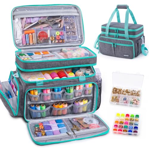 AMOIGEE Double Layer Sewing Organizer Bag with 2 Clear Storage Sewing Boxes - color: Grey