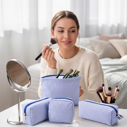 Sanwuta 4 Pcs Seersucker Pouch Striped Makeup Bag Set, Dark Blue - color: Dark Blue