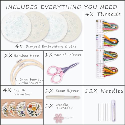 Bonroy Embroidery Kit for Beginners with Instructions,Cross Stitch Kits for Adults with Pattern,Needlepoint Kits for Adult Include Embroidery Cloth Hoops Needles Threads (flowers2) - color: flowers2