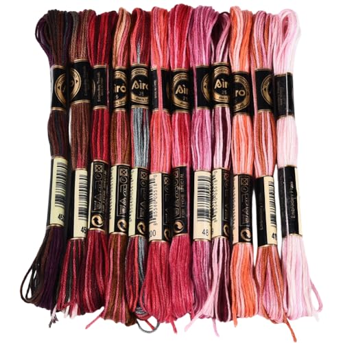 12 Skeins 105 Yards Embroidery Thread Variegated Cross Stitch Floss Bulk 6 Ply Polyester Yarn Colorful Red Friendship Bracelet String for Sewing Making Needlecraft Knitting Clothes Stitching - color: Dark Red
