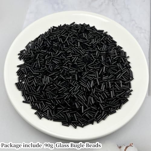 90g Glass Bugle Beads 7x2mm Embroidery Tube Glass Spacer Bulk Small Craft Long Beads for Necklaces Bracelets Earrings DIY Jewelry Making(Black) - color: Black