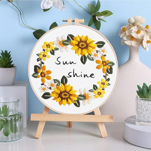 ERKOON 3 Sets Embroidery Kit, Floral Cross Stitch Set for Include Embroidery Cloth Hoops Threads for Craft Lover Hand Stitch (Sunflower) - color: Sunflower