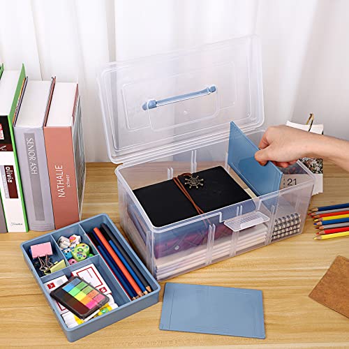 BTSKY 2 Layer Clear Plastic Dividing Storage Box with Removable Tray Multipurpose Stationery Storage Box with Handle Portable Sewing Box Art Craft Supply Organizer Home Utility Box (Big Blue) - color: Big Blue