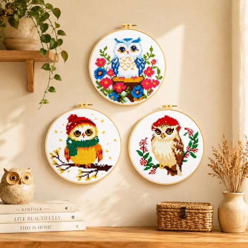 Zhenqing 3-Piece Owl Cross Stitch Kit Stamped Embroidery Kit 11CT Printed Aida Cloth 24x24cm DIY Needlework Set with Hoop, Thread, Needle & Tools Beginner Embroidery Kit for Home Wall Decor Gift