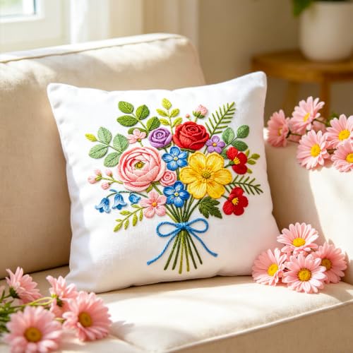 BEUNITONE 4pcs Embroidery Kit, Flower Stamped Embroidery Kits with Hoop, Thread & Needles, Colorful Bouquet Cross Stitch Kits Sewing Gifts for Adults and Beginners, DIY Craft for Relaxation - style: B-Bouquet