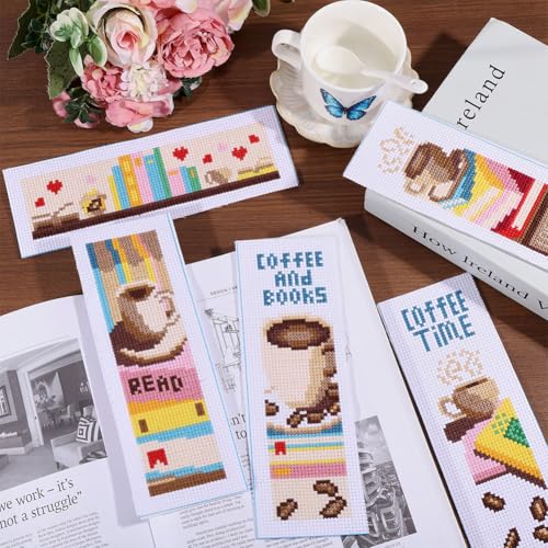 ORIGACH 6 Set Coffee & Book Cross Stitch Bookmark Kit for Beginner - style: Coffee and Books Cross Stitch Bookmark Kit