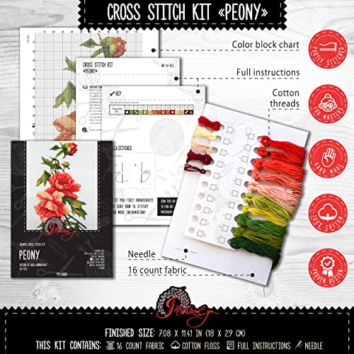 Povitrulya Beautiful Peonies Counted Cross Stitch kit - DIY Embroidery Set with Paper Pattern and prestored Floss - color: Peonies