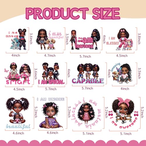 Dazoratix Black Girl Transfer Stickers - 12 Pcs Cute DTF Transfers Ready to Press Dog Iron on Patches Butterfly Washable Heat Decals for Girls DIY T-Shirt Clothing Coat Jeans Backpacks Decorations - style: Black Girl