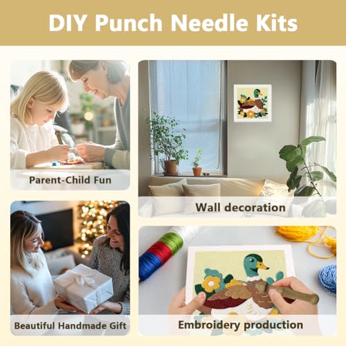 Doodlream Mallard Duck Needle Kit for Beginner, 9.4"x 9.4" Spring Garden Punch Stitching Craft Set, DIY Embroidery Starter with Printed Frame, Instruction, Threader, Yarn, Pinch Needle - color: Duck