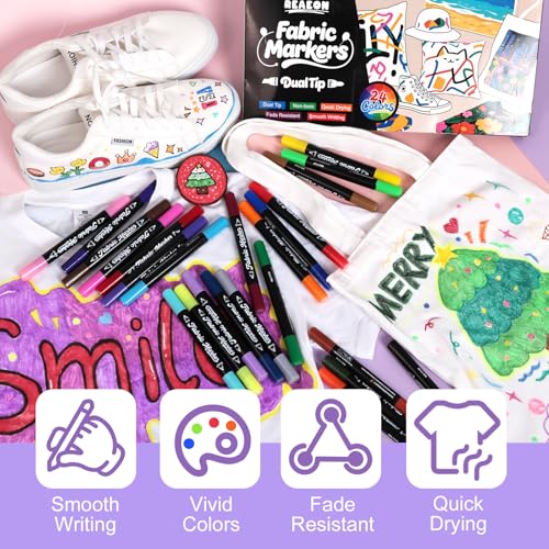 Reaeon Fabric Markers Pen, 24 Colors Dual Tip Fabric & T-Shirt Marker Set, Permanent Fabric Paint Pens for Clothing Canvas Tote Bags and Shoes (Chisel & Fine Tip) - color: 24-Colors