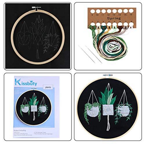 KISSBUTY Full Range of Embroidery Starter Kit with Pattern, Cross Stitch Kit Including Stamped Embroidery Fabric with Pattern, Bamboo Embroidery Hoop, Color Threads and Tool Kit (Hanging Plants)
