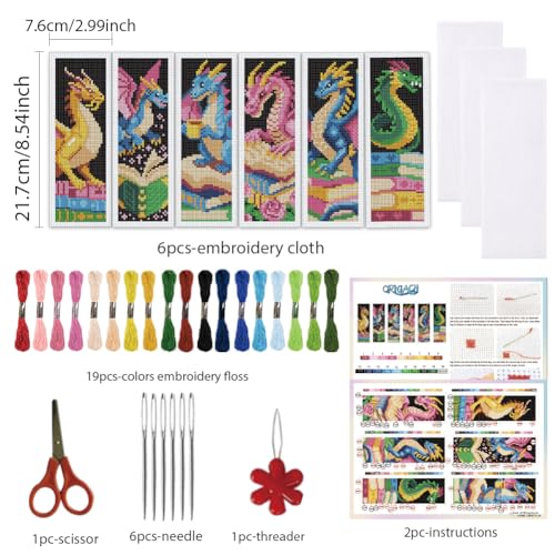 ORIGACH 6 Set Dragon & Book Cross Stitch Bookmark Kit for Beginner - style: Dragon & Book