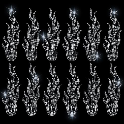 12Pcs 8.27x2.95 Inch Iron on Rhinestone Flames Transfer Glitter Flame Rhinestones Patches Sparkling Hotfix Flame Crystal Sticker Applique for Clothing Tote Bag DIY Art Craft Gifts - size: 21x7.5cm