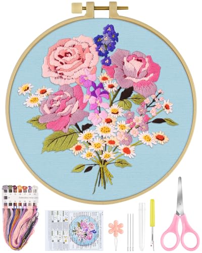 ERKOON Embroidery Kit for Beginners, Flower Cross Stitch Set for Include Embroidery Cloth Hoops Threads for Craft Lover Hand Stitch with Embroidery Skill Techniques (Bouquet) - color: Bouquet
