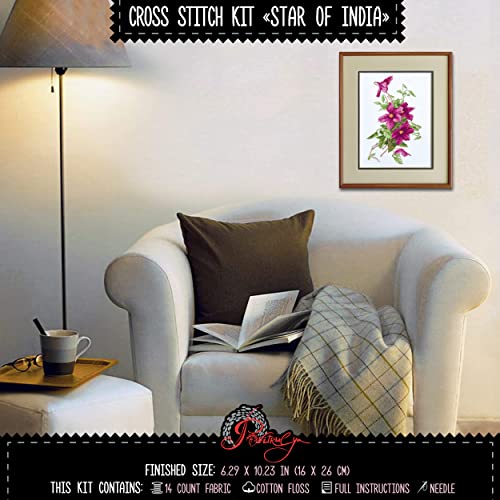 Povitrulya Clematis Flower Star of India Counted Cross Stitch kit - DIY Embroidery Set with Paper Floral Pattern and prestored Floss - color: Clematis
