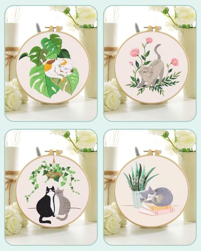 ERKOON 4 Sets Embroidery Kit for Beginners,Hummingbird and Flower Cross Stitch Set for Include Embroidery Cloth Hoops Threads for Craft Lover Hand Stitch (Cat) - color: Cat