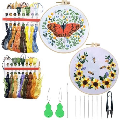 Allazone 2 Sets Embroidery Kit for Beginners, Stitch Practice Kits for Craft Lover Hand Stitch with Embroidery Fabric with Stamped Pattern, Starter Stitch Kits Suitable for Adults (Butterfly) - color: Butterfly