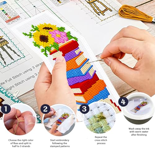 ORIGACH 6 Set Stacked Books & Flower Cross Stitch Bookmark Kit for Beginner - style: Stacked Books & Flower