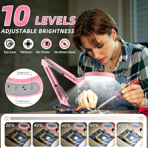 10X Magnifying Glass with Light and Stand,Hands-Free Desk Magnifier - color: Pink Magnifying Glasses With Light
