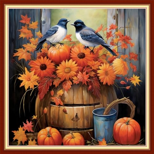Disxvivy Cross Stitch Stamped Full Embroidery Kits DIY 11CT Cotton Thread Printed DIY Needlepoint Kits Craft Needlework Set Cross-Stitch Stamped Sets-Flower Birds 18x18 inch - color: Artstyle49