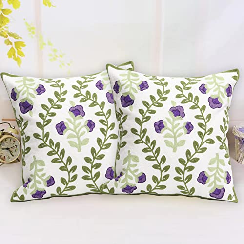 Set of 2 Embroidered Decorative Throw Pillow Covers Couch Square Pillowcases Cushion for Bedroom Sofa Farmhouse Decor 18x18 Inch (Purple Floral) - color: Purple Floral