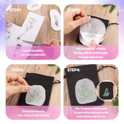 Magibeads 52 Patterns Witchy Water-Soluble Embroidery Moon Spider Cow Dreamcatcher Stick and Stitch Embroidery Paper Starter Kit for Hand Sewing Beginners Adult - color: Withcy