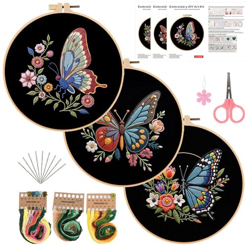 Konrisa Flower Butterfly Embroidery Kits for Adults, Stamped Embroidery Starter Kit with Hoop,DIY Sewing Needlepoint Cross Stitch Kit, Set of 3 - color: black
