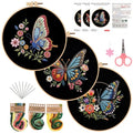 Konrisa Flower Butterfly Embroidery Kits for Adults, Stamped Embroidery Starter Kit with Hoop,DIY Sewing Needlepoint Cross Stitch Kit, Set of 3 - color: black