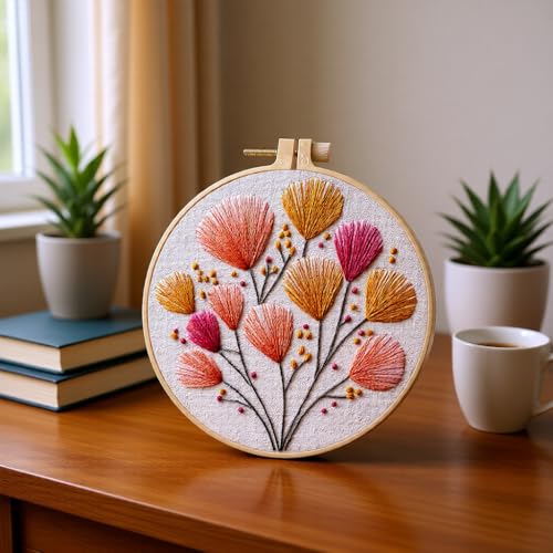 JJFox Embroidery Kit for Beginners and Adults, DIY Hand Embroidery Starter Kit with Cute Pattern, Cross Stitch Needlepoint Set with Hoop, Threads and Instructions (Flower-2) - color: Flower-2
