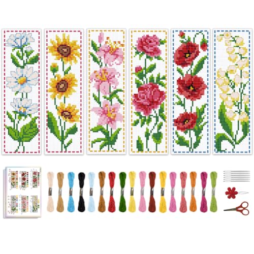 ACRNIGHEET 6PCS Cross Stitch Bookmark Kit for Beginner Flower Pattern Stamped Cross Stitch Kits for Adults Crossstitch Kits Adult Bookmarks with Instructions Hand Embroidery Craft Gift 8''x2.4'' 11CT - style: Floral patterns 1