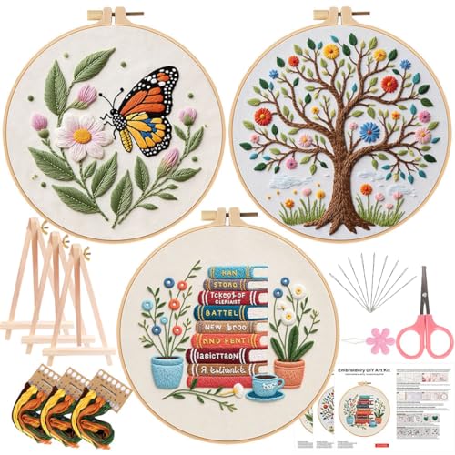 Qupace 3 Pcs Tree Embroidery Kits for Beginners Adults - Cross Stitch Sewing Craft Set with 3 Embroidery Hoops & 3 Finished Stands,Book Needlework Kit - color: White