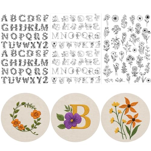 Flower Water Soluble Embroidery Patterns, 3 Sheets 140 Pcs Stick and Stitch Embroidery Papers Wash Away, Pre-Printed Floral Alphabet Pattern Transfers, DIY Gift for Hand Sewing Lover Beginners - size: Alphabet Floral
