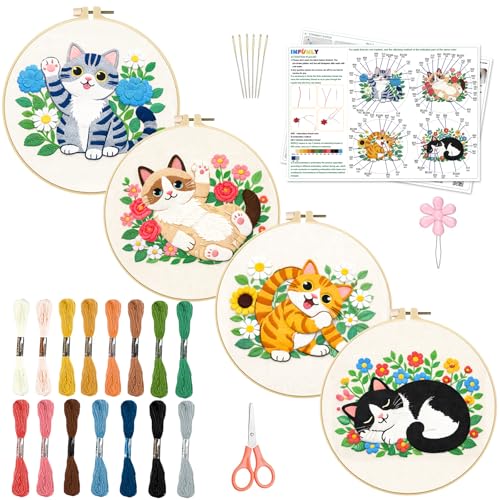 INFUNLY 4 Sets Cute Cat Embroidery Kits for Adults Flowers DIY Cross Stitch Starter Kit with Instructions Kitten Wildflowers Needlepoint Kits with Embroidery Cloth Colored Threads Hoops Tools