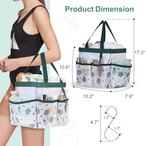 F-color Shower Caddy Portable - Mesh Shower Bag Basket Tote for College Dorm Room Essentials Bathroom Gym Camp Quick Dry for Women Men with S Hook, Green Pineapple - color: Green Pineapple, size: L (Classic Dorm Caddy)