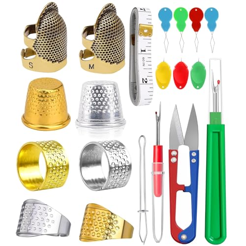 CousDUoBe 20 Pcs Sewing Thimble Kit,thimbles for Hand Sewing，Needle threaders，Seam Rippers for Sewing，Measuring Tape and Thread Snips, Hand Embroidery Craft（Complete Sewing Kit）
