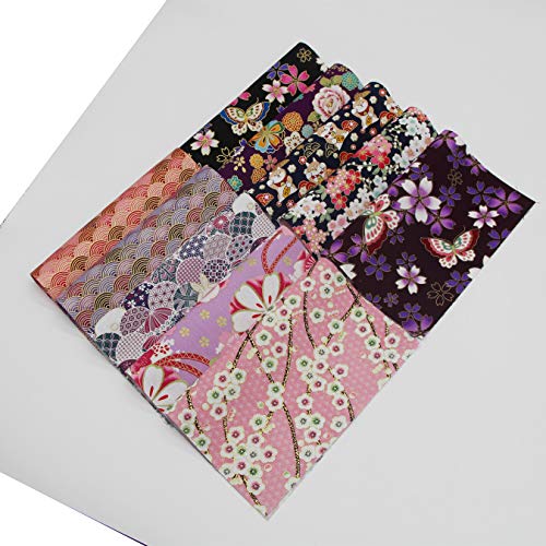 aufodara 10Pcs Cotton Craft Fabric Patchwork Bundle 20x25 cm, Japanese Style Printed Floral Beautiful Gold Patterns Bronzing Cloth for Sewing Quilting DIY Artcraft Handwork (Pink Purple) - color: Pink, Purple