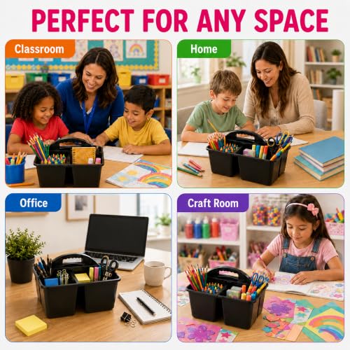 Haundry 6 Pack Black Classroom Caddy, 3-Compartment Plastic Supply Bins - color: Black