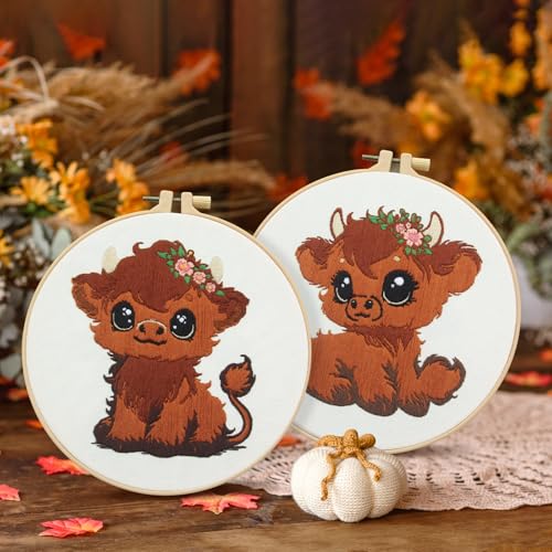 Kuabiz 5 Sets Highland Cow Embroidery Kits for Beginners Cross Stitch Kit for Adults Highland Cow Pattern Embroidery Starter Kit Embroiderys Hoop Needlepoint Kits with Instruction Needles Threads - style: Highland Cow