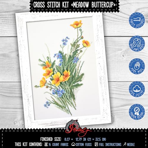 Povitrulya Meadow Buttercup Counted Cross Stitch Kit - Wildflower Art - color: Meadow Buttercup