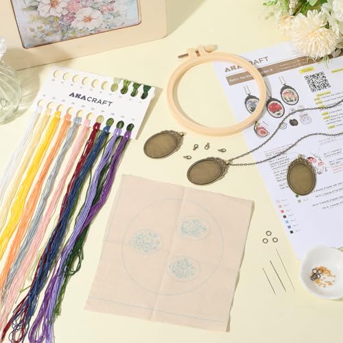 SUNNYCLUE DIY 3 Sets Embroidery Necklace Kits Embroidery Necklace Pendant Trays with Paper Instructions Flower Mini Cross Stitch Kit for Jewelry Making Supplies Adult Beginners Starter Handmade Gifts - style: Flower 2
