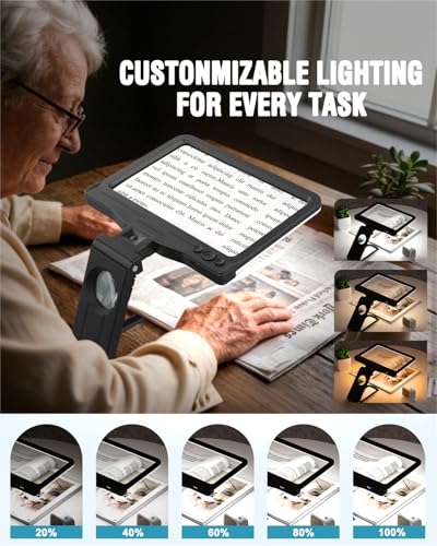 30X 5X Rechargeable Magnifying Glass for Reading, Large Full Page Magnifier with Folding Stand, 3 Color Light Modes, Dimmable LED Lighted, Hands Free Book Magnifier for Fine Prints Low Vision Seniors