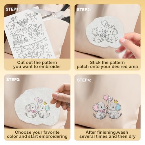 33Pcs Cartoon Elephant Water Soluble Hand Sewing Stabilizers, 8.3"x11.7" Happy Elephant Embroidery Pattern Stabilizer, 4 Sheets Animal Stick and Stitch Embroidery Paper Sticker