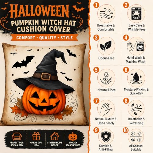 Halloween Witch Hat Pumpkin Bat Linen Pillow Cover 18x18 for Sofa - color: Pa10062, size: 18" x 18" (Pack of 1)