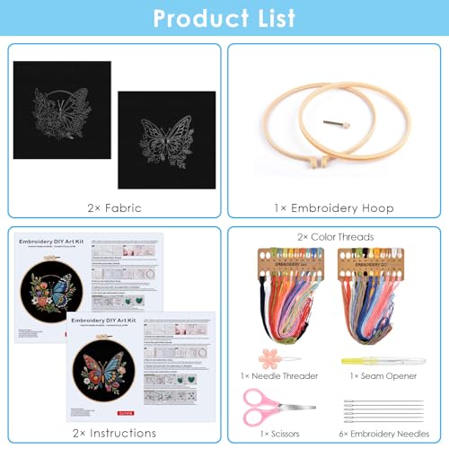 ERKOON Embroidery Kit for Beginners, 2 Set Flower Cross Stitch Set Include Embroidery Cloth Hoops Threads for Craft Lover Hand Stitch with Embroidery Skill Techniques (Butterfly) - color: Butterfly